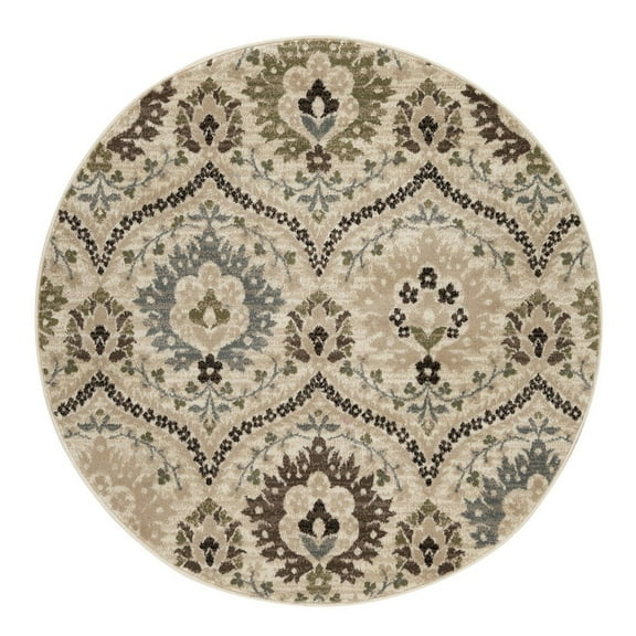 HomeRoots 8' Round Ivory Gray And Olive Round Floral Stain Resistant Area Rug