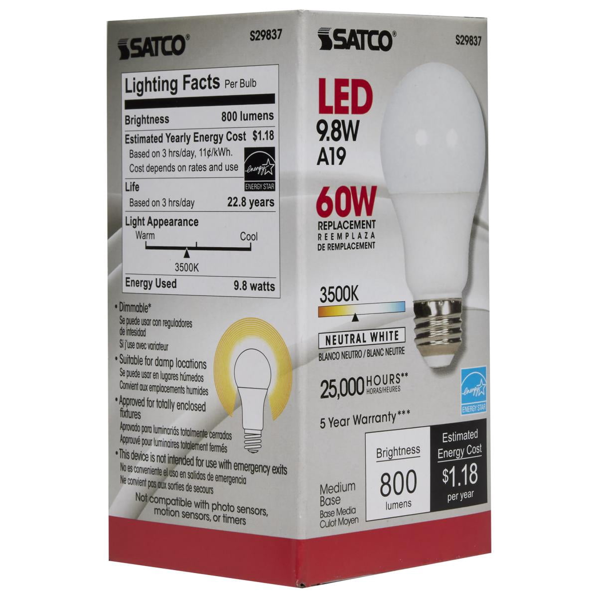 Satco S29837 A19 LED Light Bulbs 9.8W 120V 3500K E26 Medium Base 220 deg. Beam Angle Dimmable (6 Pack)