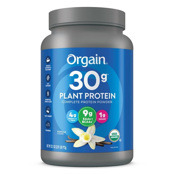 Orgain Organic Vegan 30g High Protein Powder, Plant Based Shake Drink, Prebiotic Fiber, Vanilla, 2.01lb