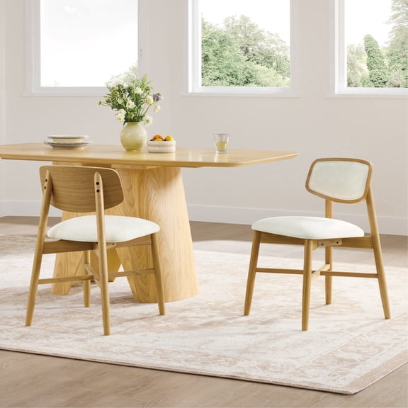 ReNest Mid-Century Modern Chenille Dining Chair, Cream Fabric, Oak Rubberwood Frame, Set of 2