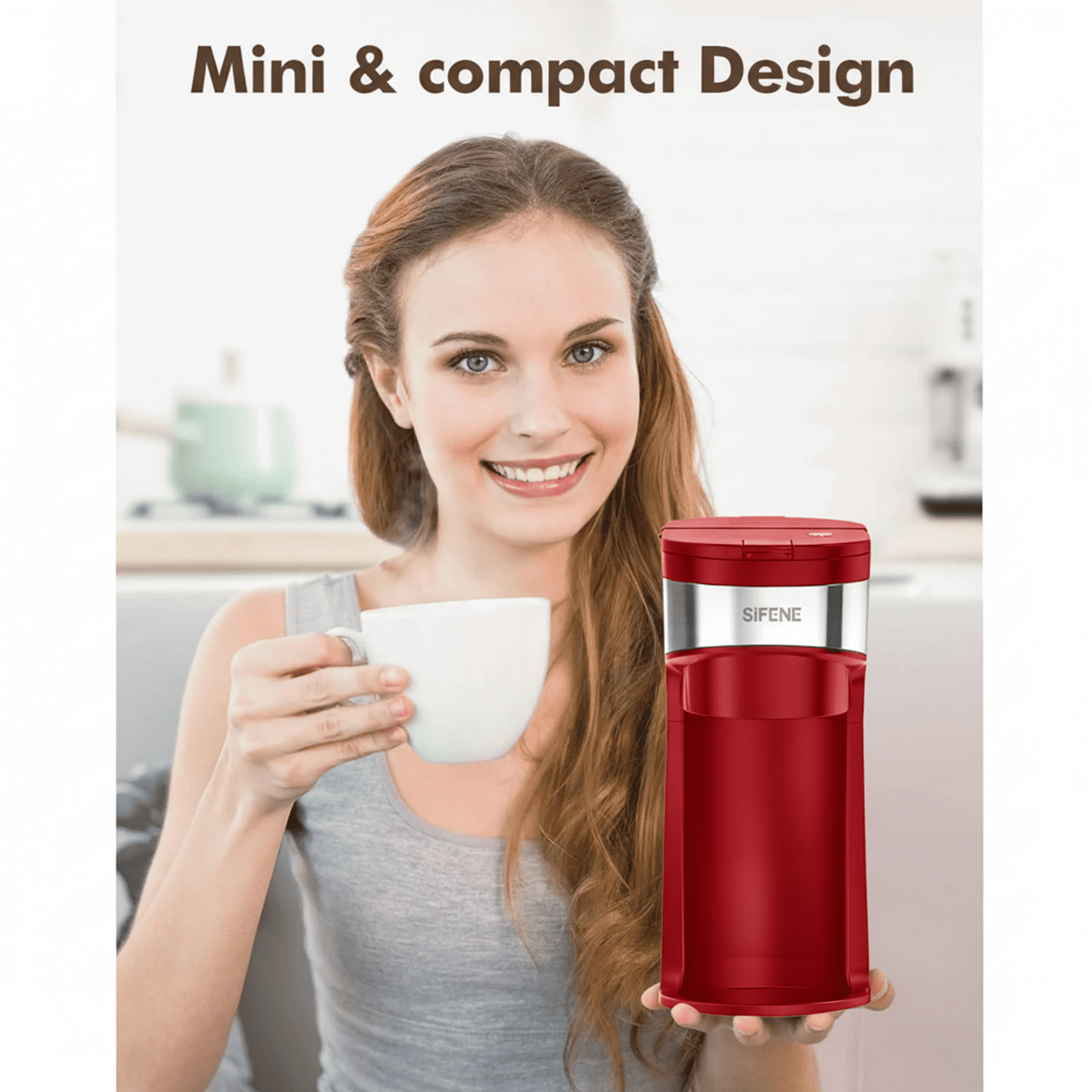 SIFENE 2-in-1 Single Serve Coffee Maker, Compatible with K Cup Capsules & Grounds, Fast Brew, Mini Compact Design, 6-12 Oz Brew Sizes, Descaling Reminder, Reusable Filter, Dorm RV, Red