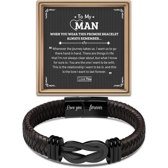 Leather Bracelet Birthday Gifts for Men: Black Braided Leather Stainless Steel Infinity Bracelets with Lettering Love You Forever Gifts for Husband Dad Son Grandson Boyfriend Brother