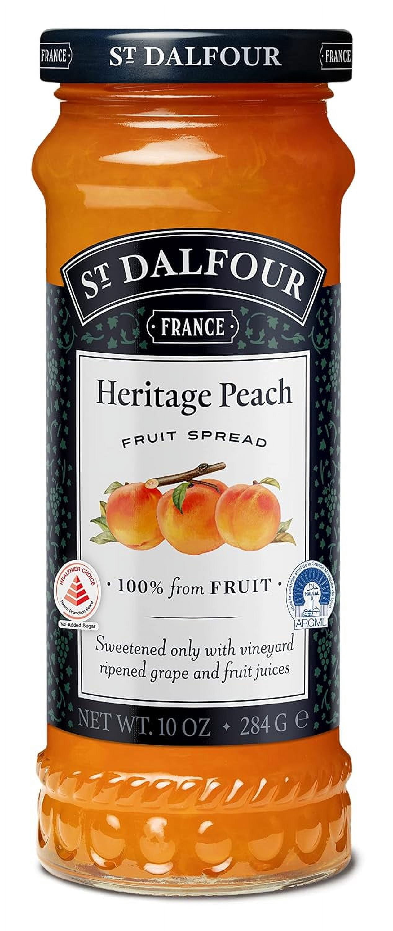 St. Dalfour Heritage Peach Fruit Spread Preserve 2 X 10 Oz. (284 G) with Stainless Steel Spreader Spoon (3-Pc Set)