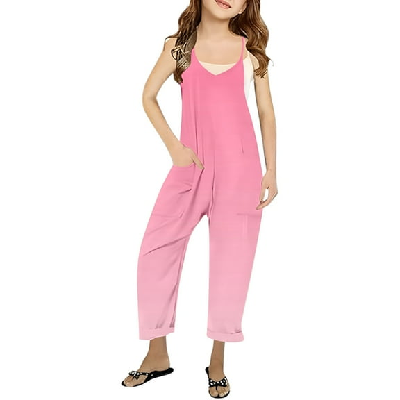 MIXUE Girls Jumpsuits & Rompers Kids Summer Gradient Print Spaghetti Strap V Neck Sleeveless Loose Fit Casual With Pockets Bodysuits Holiday Wear,Pink,9-10 Years
