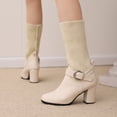 thumbnail image 2 of YLYL Women's Mid-Calf Boots Leather Knitted Heel Closed Pointed Buckle Block Non-Slip Business Party Boots, 2 of 8