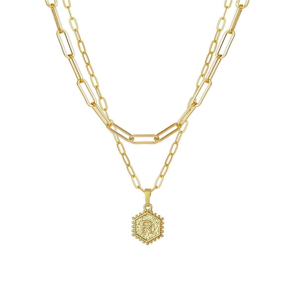 Collar para mujer, joyería para mujer, collar de cadena chapado en oro para mujer, colgante de letra hexagonal, collar de capas, anillo de mujer