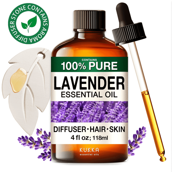Kukka Lavender Essential Oil with Aromatherapy Stone - 100% Pure Bulgarian for Diffuser, Skincare, Hair Care & DIY - 4 fl oz