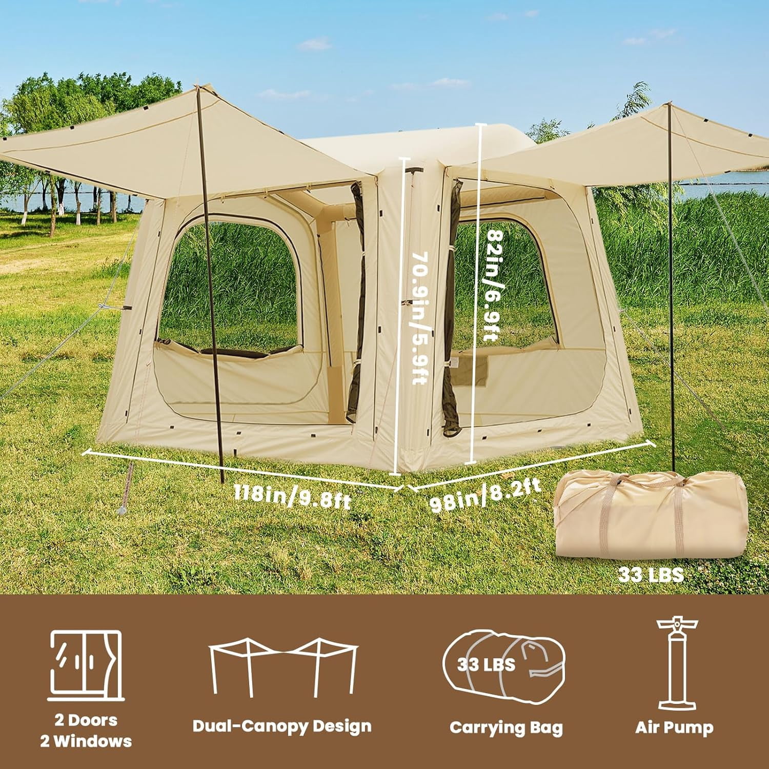 Slsy Inflatable Tent with Pump, Inflatable Tent for Camping 6~8 People Large Blow Up Air Tents House, Waterproof Luxury Glamping Tent with Mesh & Stove Jack