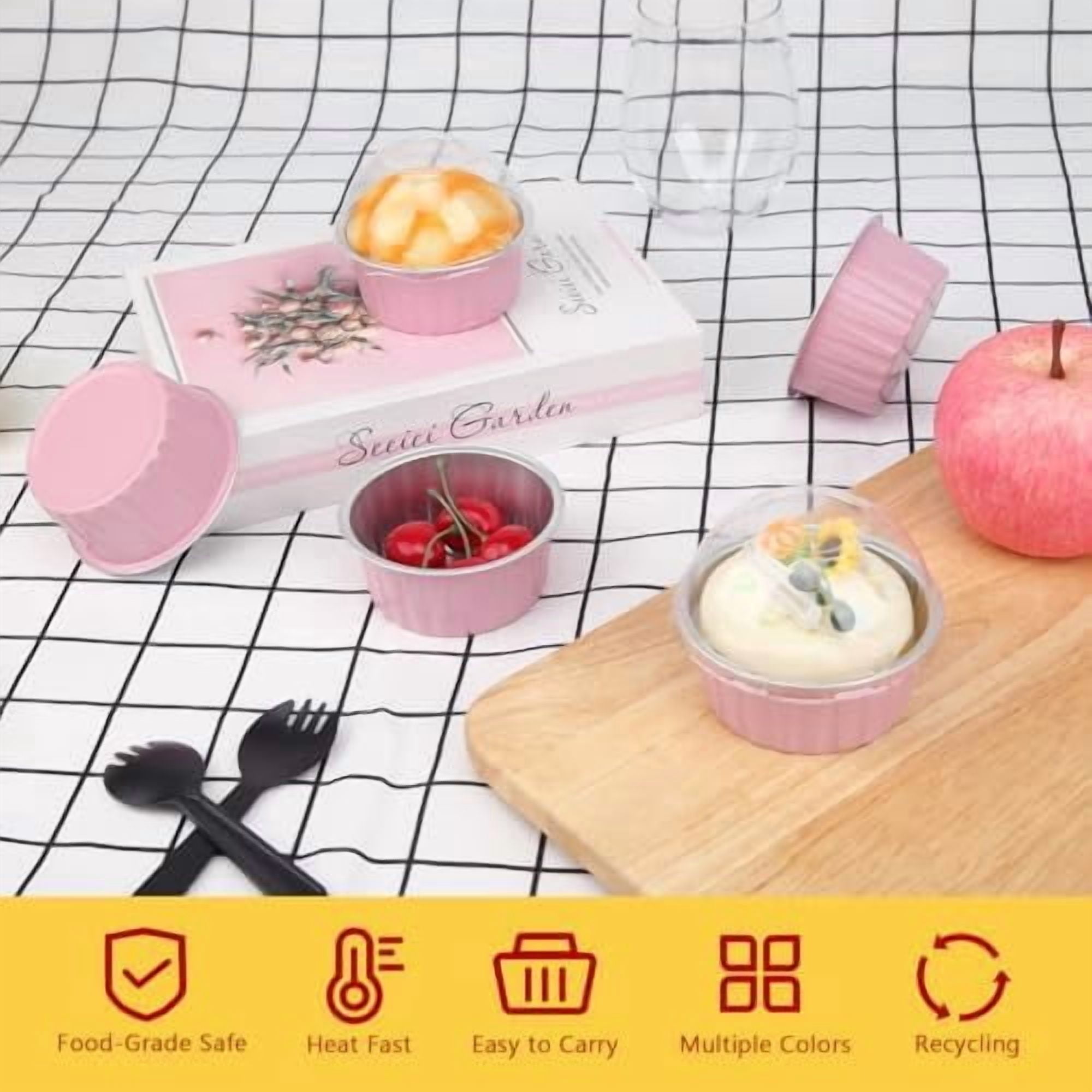 5oz Cupcake Pans with Dome Lids 100 Pack, Aluminum Foil Small Cake Baking Tin,Disposable Ramekins Cupcake Baking Cups Containers,Mini Pie Pans Muffin Tins Jumbo Cupcake Liners-Pink