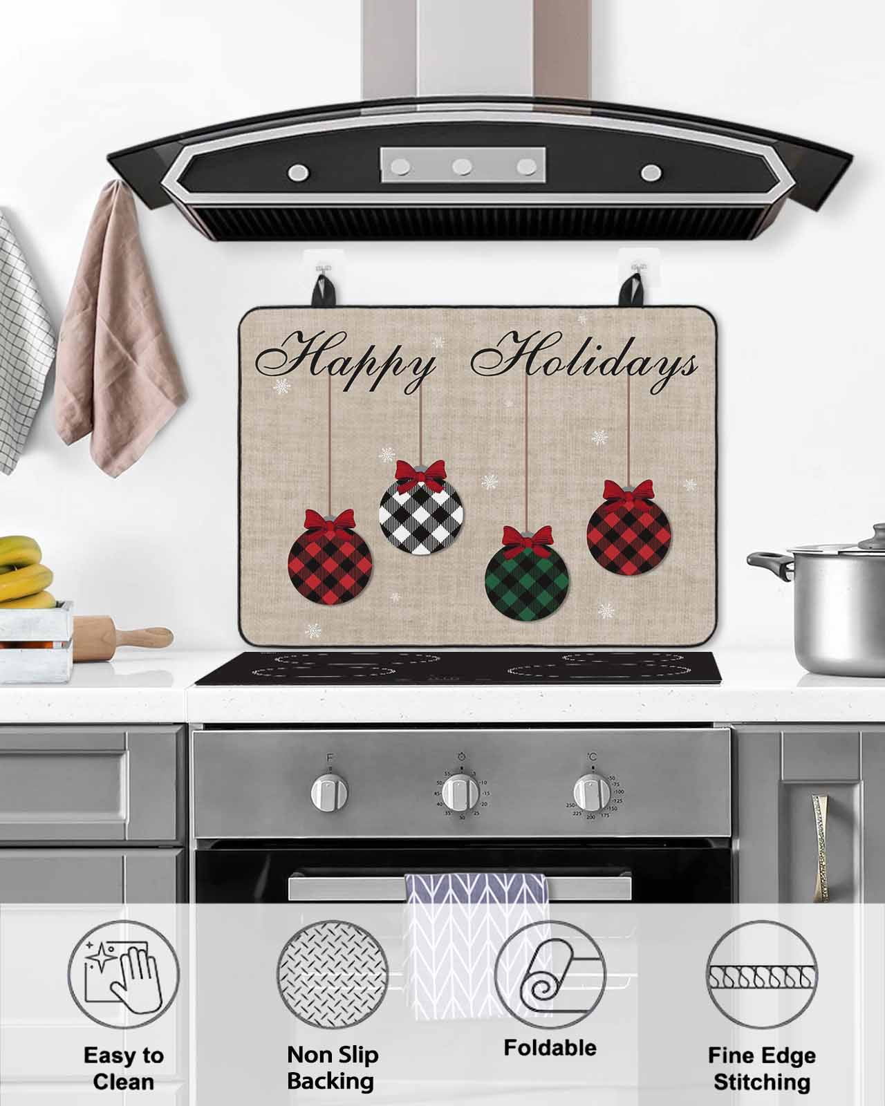 Large Induction Cooktop Protector Mat Christmas Stove Top Covers for Electric Stove, Winter Snowflakes Plaid Xmas Balls Bow on Linen Decorative Stove Burner Cover Mats, Glass Top Stove Cover