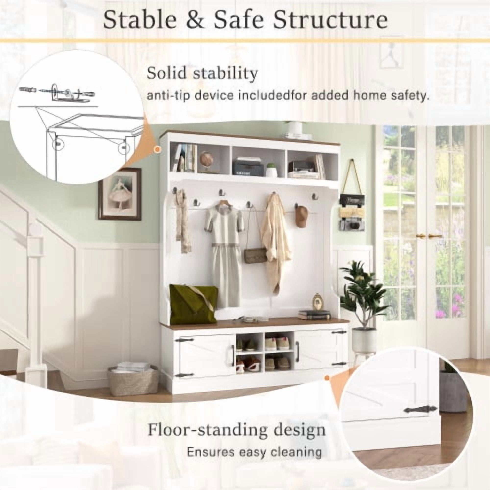 71" Farmhouse Hall Tree with Bench and Shoe Storage, 5-in-1 Entryway Organizer with Coat Rack, 4 Shoe Cubbies, 7 Hooks, White