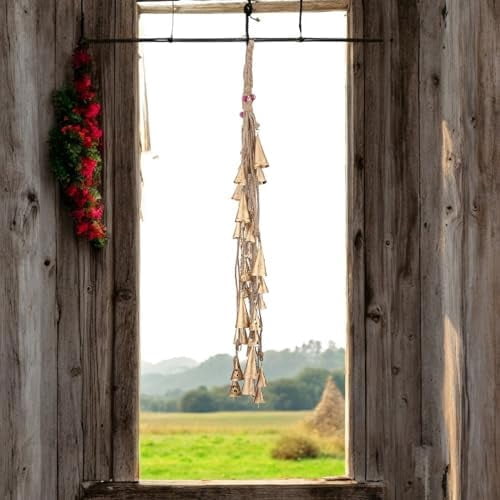 Handmade Hanging Bells Wind Chimes 27 Inch– Vintage Cow Bells on Jute Rope, Rustic Tin Bells for Christmas, Home Decor, Boho Wind Bells for Holiday, Farmhouse, Wreath, Outdoor & Indoor