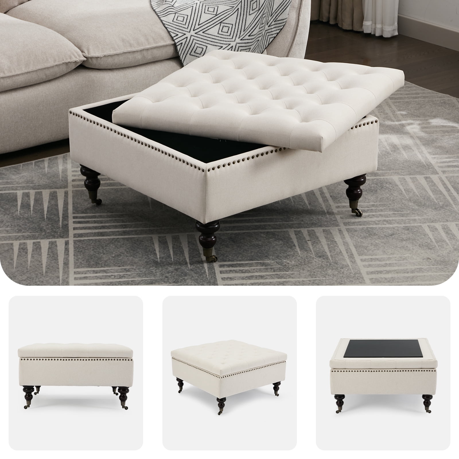 BRILHAMEZ Storage Ottoman Bench, Tufted Upholstered Seat with Hidden Storage, Multi-Functional Coffee Table and Foot Rest for Living Room, Beige