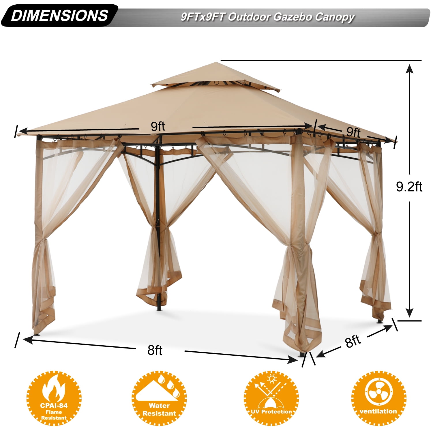 ABCCANOPY 9'x9' Patio Gazebo With Mosquito Netting and Double Soft Roof Canopies for Shade and Rain,Khaki