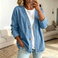 thumbnail image 2 of AherBiu Jean Cardigan for Women Button down V Neck Collarless Long Sleeve Oversized Denim Jacket with Pockets(XX-Large,Sky Blue), 2 of 7