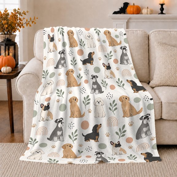 Playful Dog Pattern, Playful Pet Portrait Pattern, Warm Flannel Blanket for Living Room and Bedroom with Detailed Artwork, Dog Lovers Just Because Gift, Pet Lover Home Decor