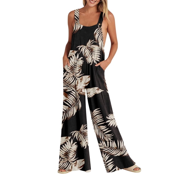 Gibobby Mono Bombachos Monos de mujer Verano Casual Suelto Sin mangas Patchwork Doble bolsillos Mono Estampado floral Boho Pierna ancha Babero en general(Negro, XL)