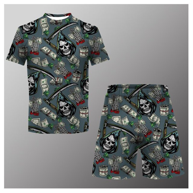 Traje informal de verano para hombre, camiseta estampada + Pantalones cortos de playa, Camiseta de cuello redondo, 2 piezas, talla asiática, XXS-6XL