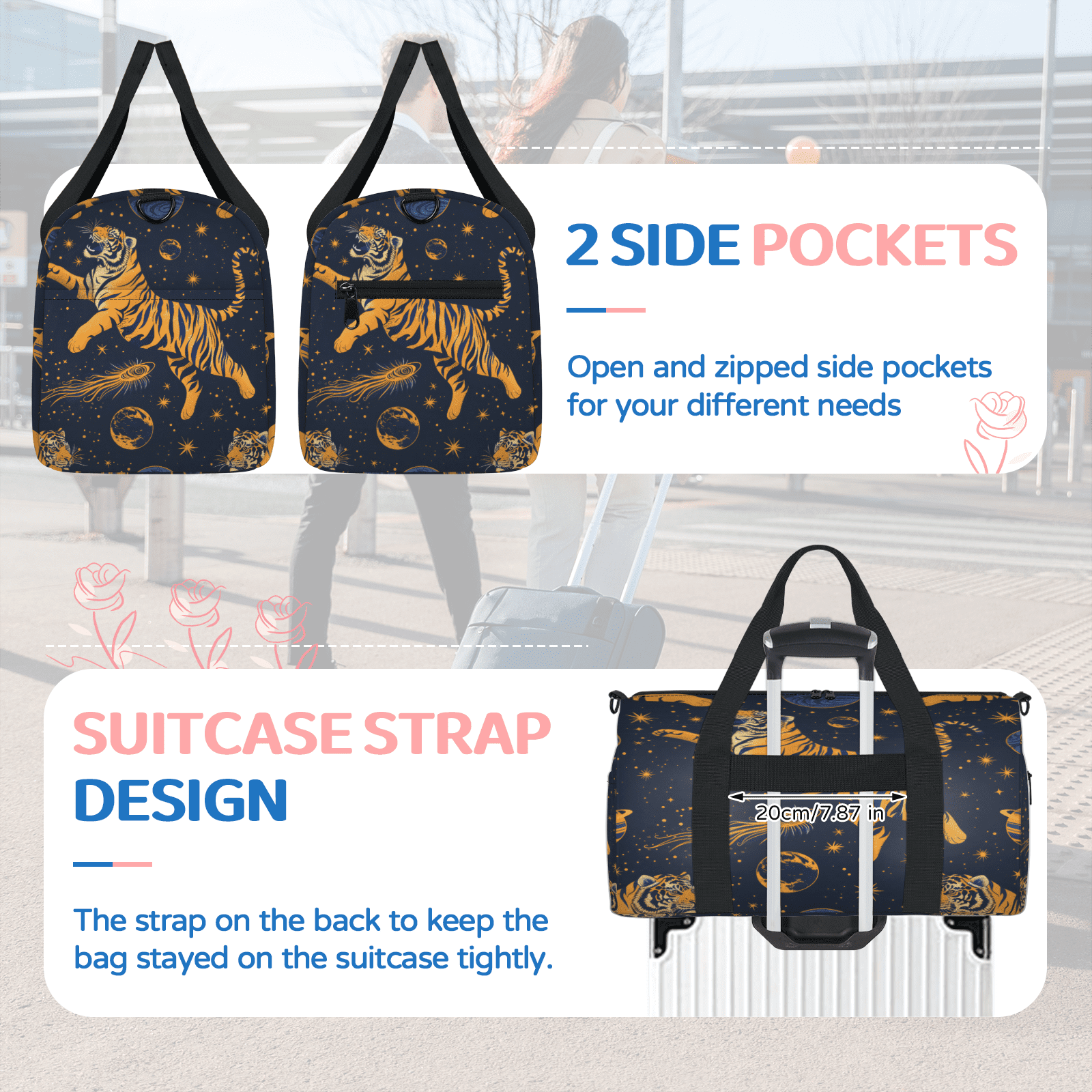 Herdesigns Tiger Gym Bag for Women, Duffle Bag for Travel Sport, Moon Star Lightweight Waterproof Carry on Weekender Dance Yoga Workout Bags
