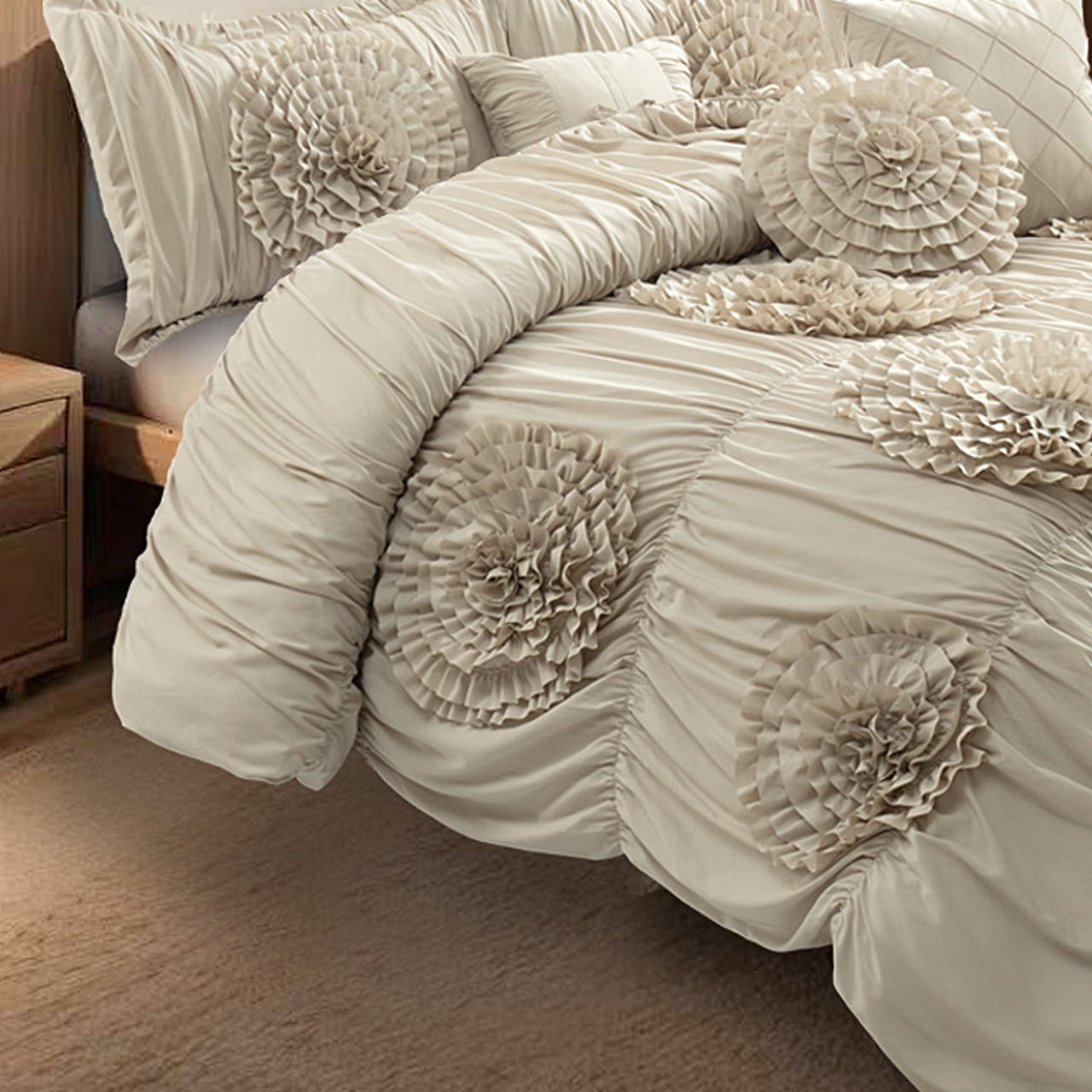 7pc Camel Queen Floral Ruffled Comforter Set with 3D Appliqué