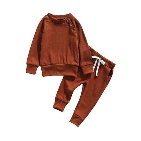 

BrilliantMe Newborn Baby Clothes Baby Girl Boy Hoodies Button Sweatshirt Tops + Baby Pants 2PCS Winter Outfits Set Brown 6-12 Months
