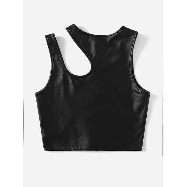 Women's Casual Faux Leather Tank Top Slim Fit Pu Leather Tank Top