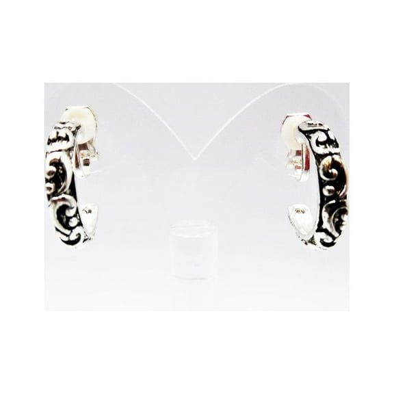 Clip on 1" silver and black raised design open back hoop earrings