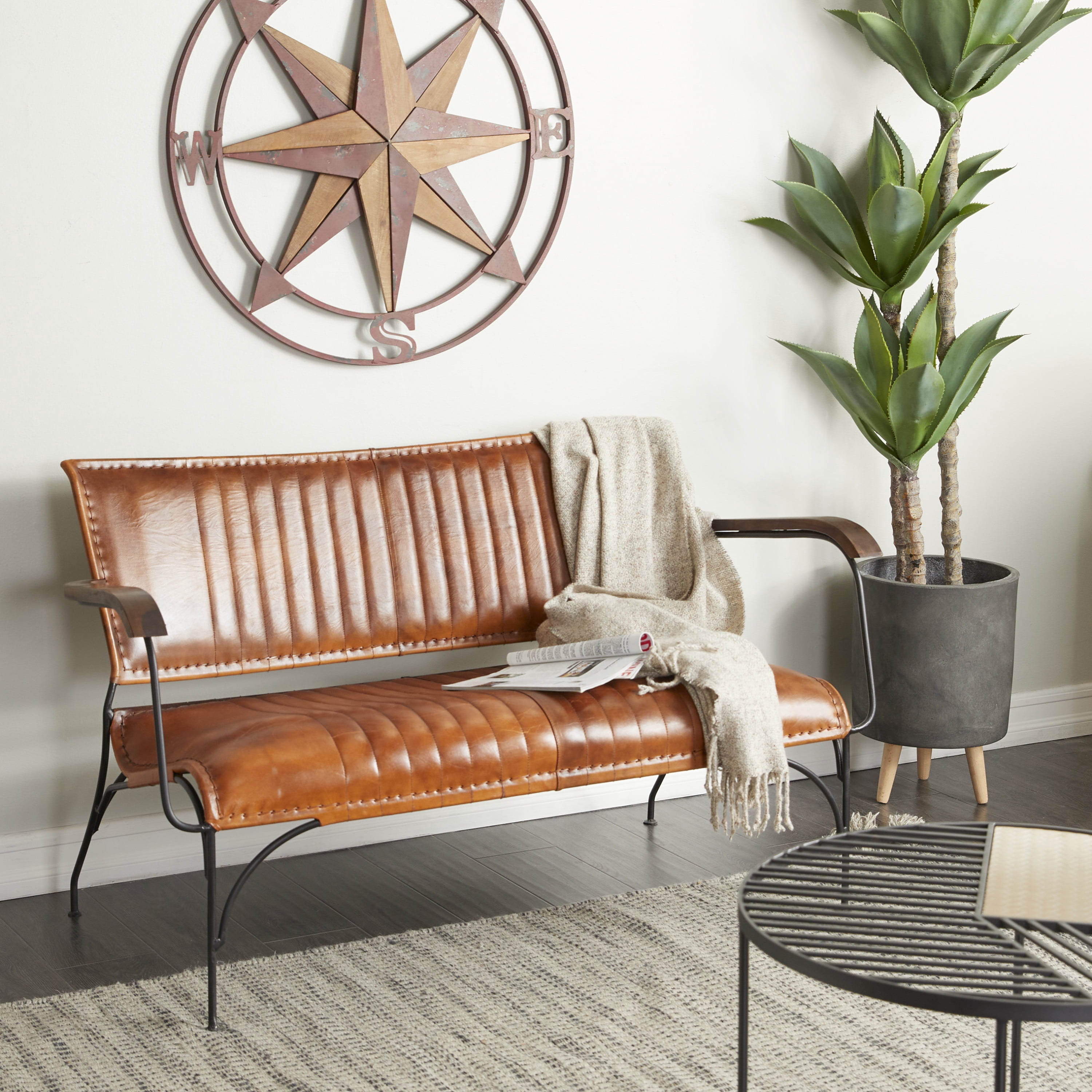 DecMode Leather Tufted Lounge Chair with Metal Legs, Brown
