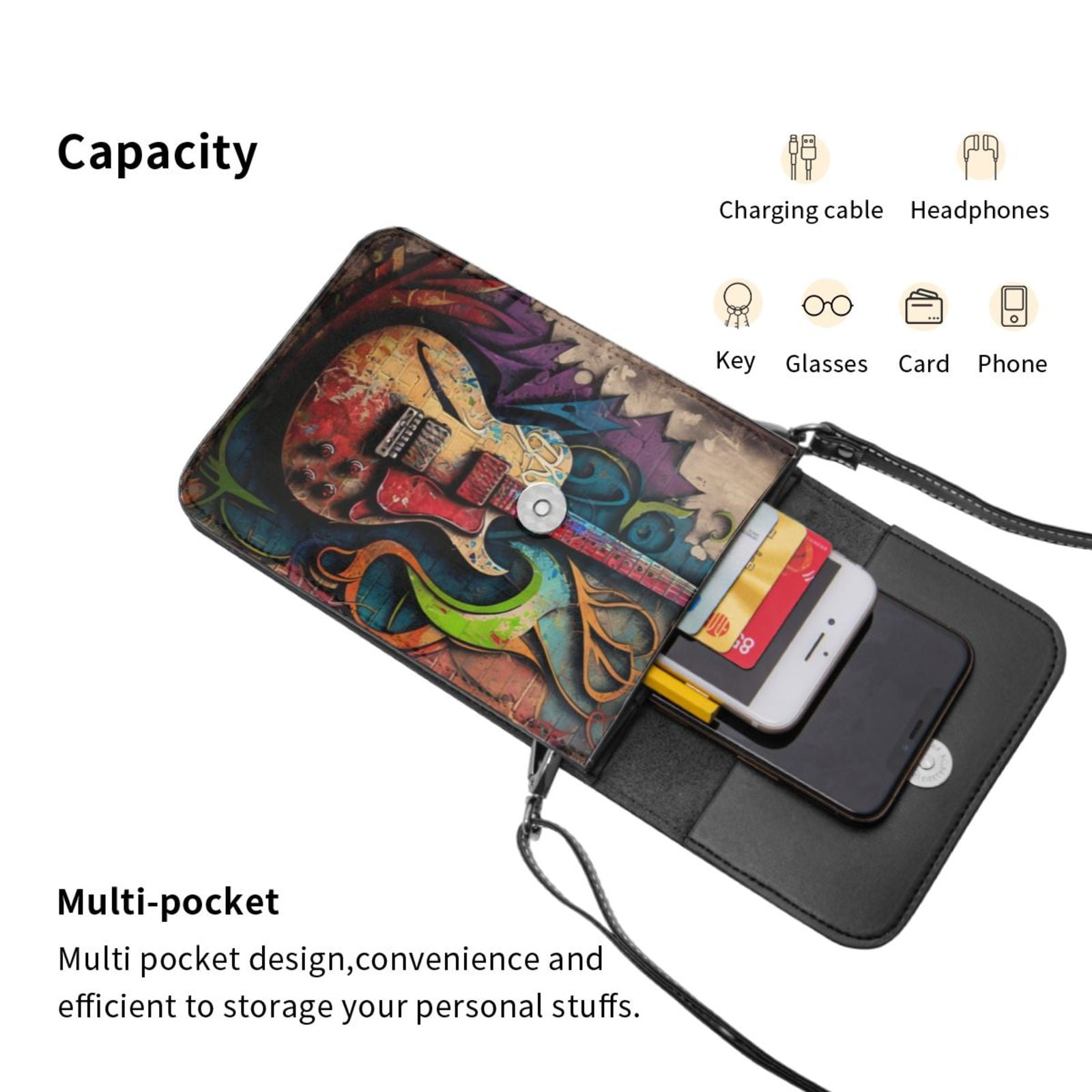 Guitar Music Graffiti Street Wall Art Cell Phone Purse Small Crossbody Bag with Strap Credit Card Slots Leather Shoulder Wallet for Women