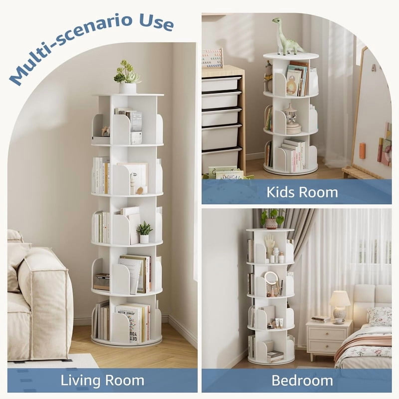 Simenmax 4-Tier Rotating Bookshelf Tower – 360° Spinning Bookcase for Small Spaces, Freestanding Vertical Corner Shelf for Bedroom, Living Room, Study, White