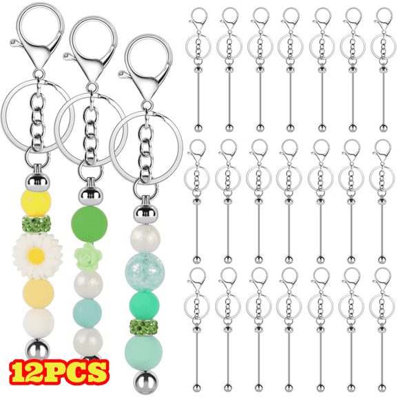 12pcs Silver Beadable Keychain Bars, Metal Blank Beaded Keychains for Jewelry Making & Bracelet Accessories, DIY Craft Gifts