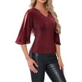 thumbnail image 4 of INSPIRE CHIC V Neck Blouse for Women's Ruffle 3/4 Sleeve Dressy Top Flowy Party Club Tops XS Red, 4 of 6