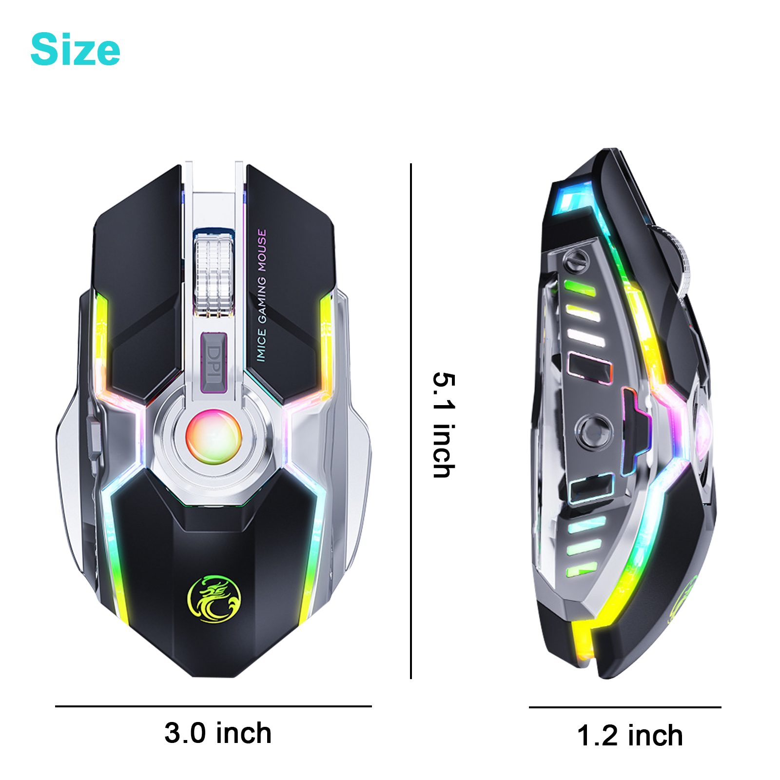 Wireless Gaming Mouse, 2.4G Wireless Rechargeable PC Computer Mouse with 7 Buttons, 3 Adjustable Levels DPI Up to 2400DPI, 7 Colorful LED Lights, Ergonomic Optical Mice for Notebook, PC, Computer, Mac