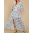 thumbnail image 2 of Franhais Women's Flower Print Long Dress Ruffled Long Sleeve V-Neck Slit A-Line Flowy Dress for Beach, Party, 2 of 8