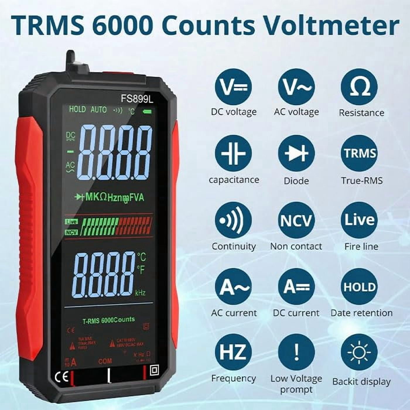 2026 USB Rechargeable Digital Multimeter 6000 Counts Large Color Screen & Backlight FS899L Smart Auto Ranging Multimeter True RMS Digital Voltmeter Multi Meter Digital Tester for Automotive Home