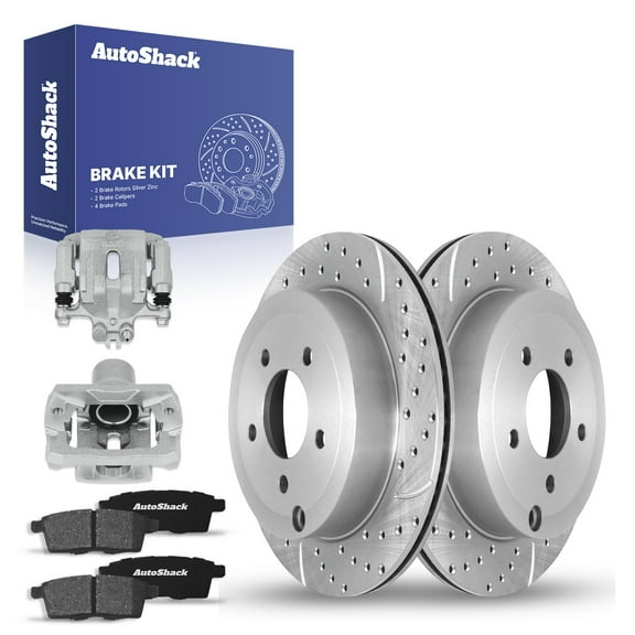 AutoShack Rear Drilled & Slotted Brake Rotors Ceramic Brake Pads Calipers | Replacement for 2007-2010 Ford Edge 2007-2010 Lincoln MKX | Silver Zinc Coated | 8-PC Brake Kit | SilverShield Pro