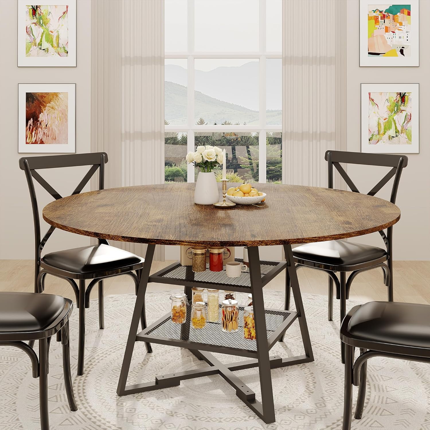 Gaderth Dinning Room Tables for 4, Round Dining Table Set with Storage, Circle Kitchen Dining Table with Metal Base, 47 Inch Wood Kitchen Tables with Storage Shelf【only table】