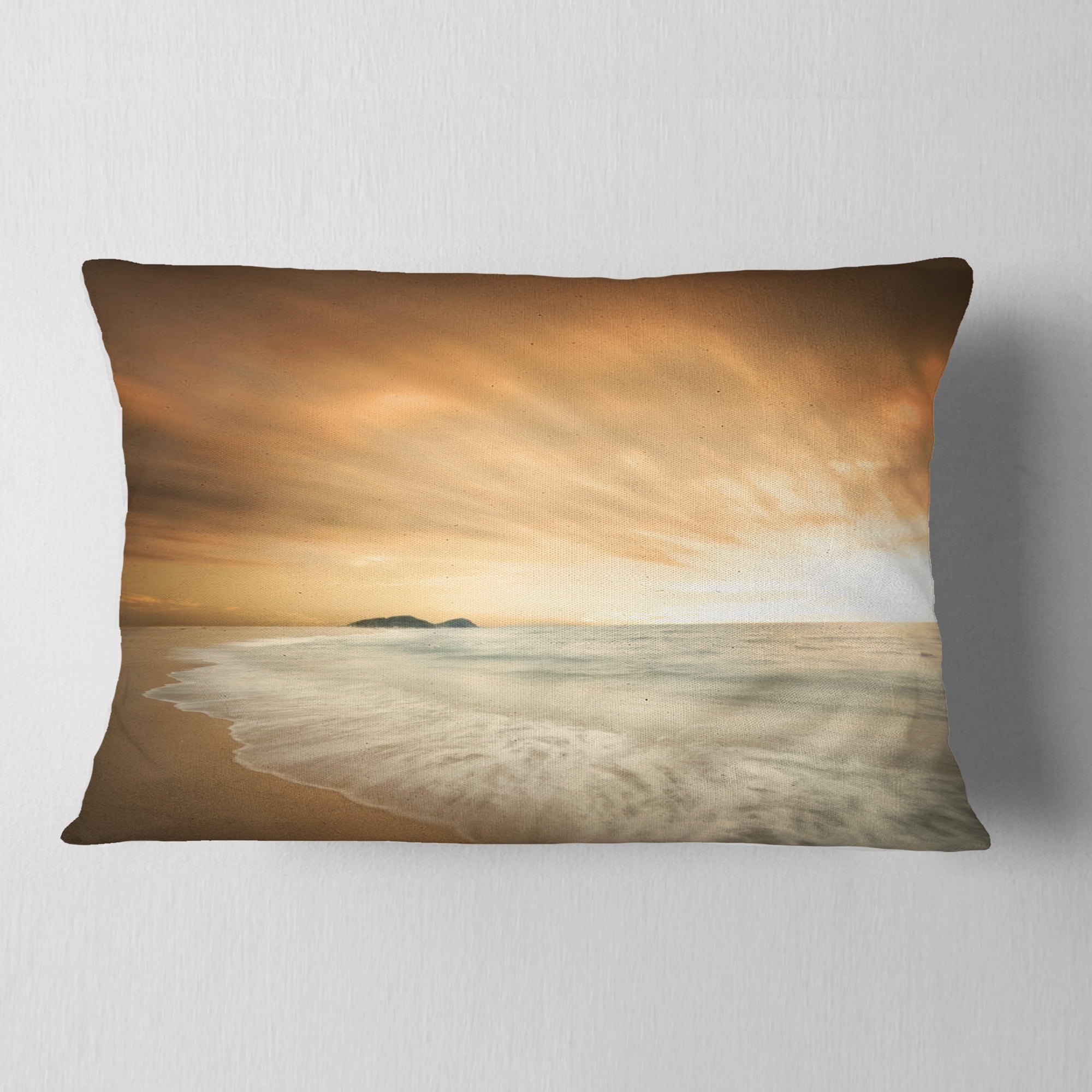 Designart Beautiful Brown Beach at Sunset - Beach Throw Pillow - 12x20