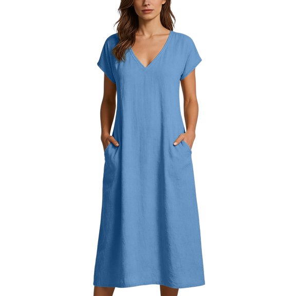 V Neck Short Sleeve Maxi Dress Casual Loose Fit Flowy Long Dress Sundress with Pockets for Summer Beach Vacation