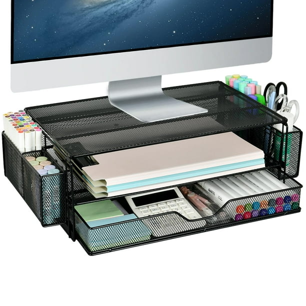 Soporte para monitor AUPSEN de 2 niveles con cajón y 2 portalápices, negro