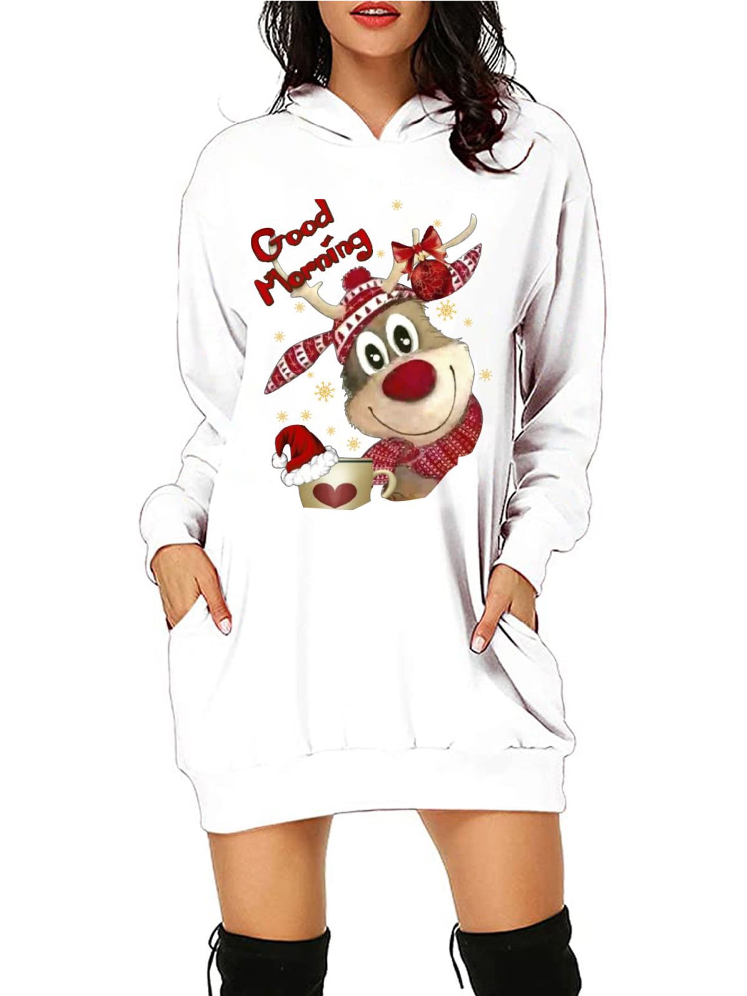 hooded christmas reindeer and snowflake print hoodie