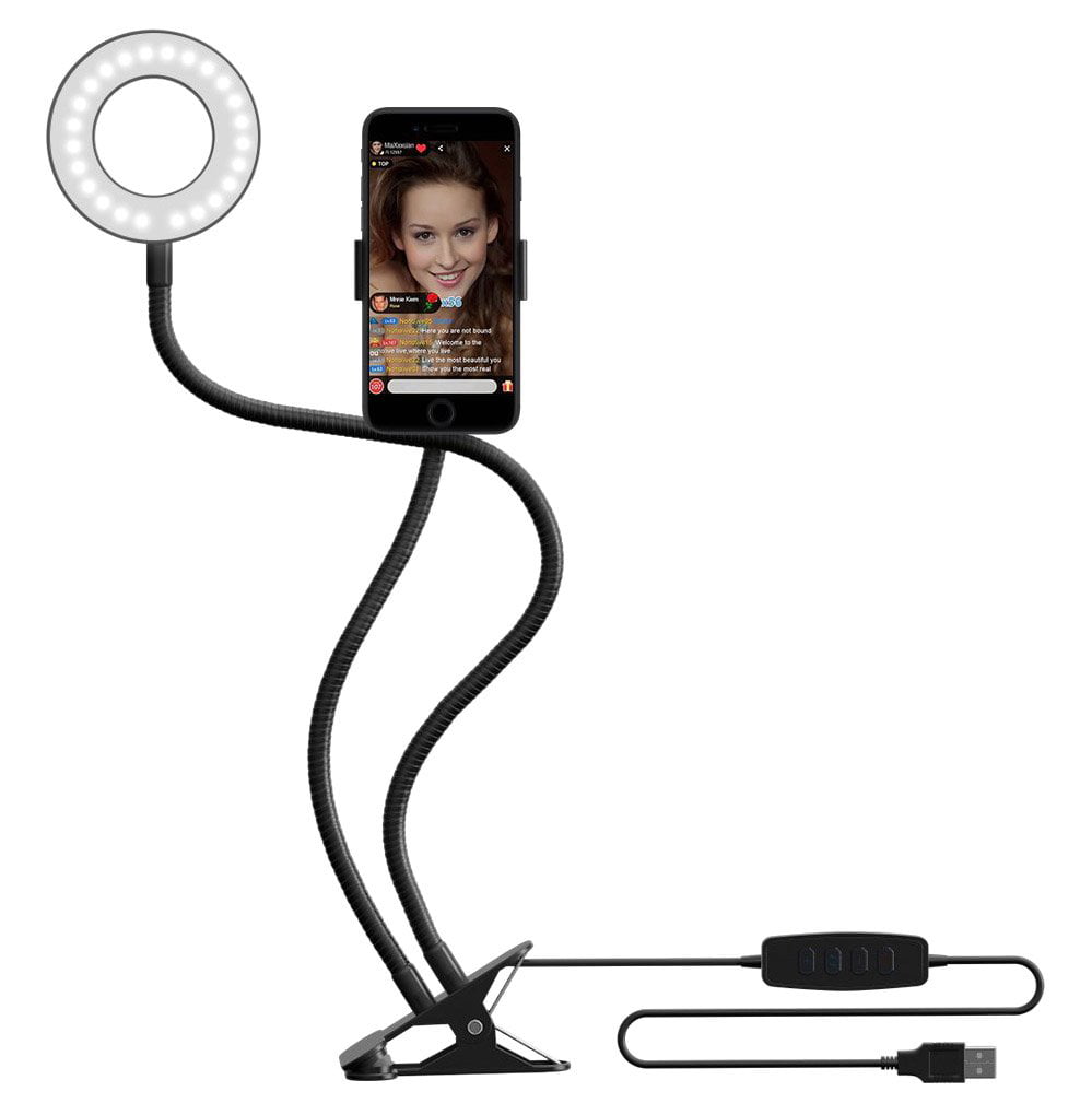 360 Degree Rotating Flexible Long Arms Mount on Desktop for Makeup and Live Streaming-White Clamp-on LED Selfie Ring Light with Cell Phone Holder 3 Light Mode 