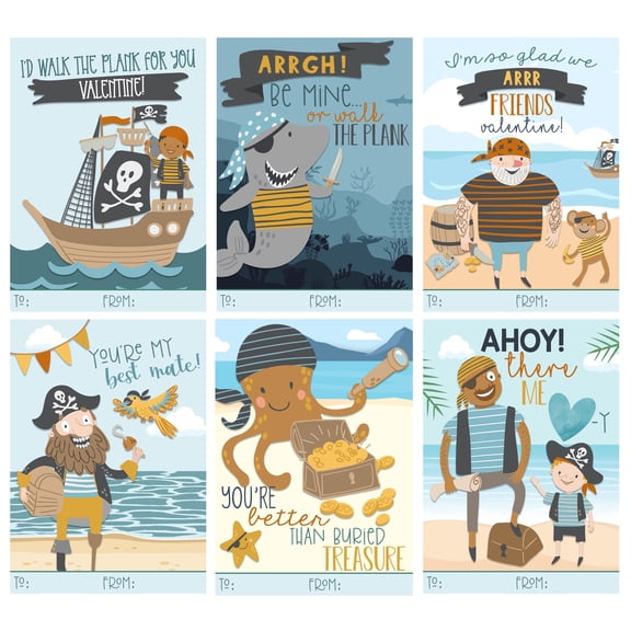 Silly Goose Gifts Pirate Watercolor Themed Valentines Day Card for Kids School Classroom Exchange (Set of 24)