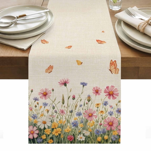 Watercolor Flowers Table Runner - 36 Inch Long, Kitchen Dining Table Runner Dresser Scarves, Spring Daisy Floral Butterflly Beige Farmhouse Decor for Coffee Tables Wedding Party Banquet