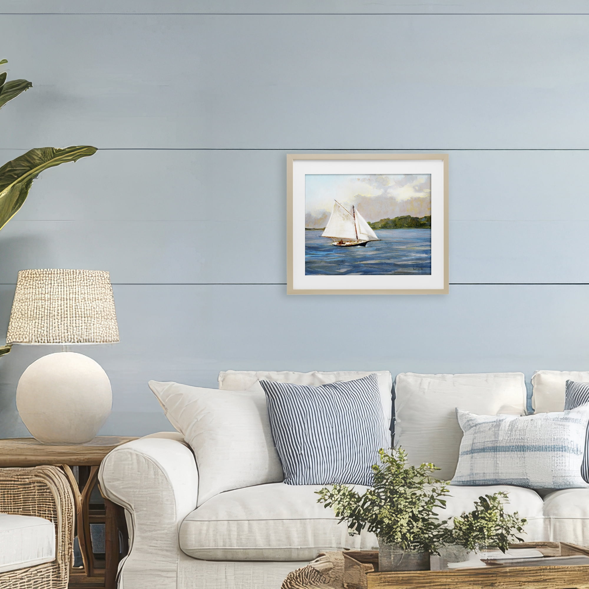 Stupell Industries White Sailboat on Calm Blue Sea Birch Framed Print Under Glass, design by Katie Swatland