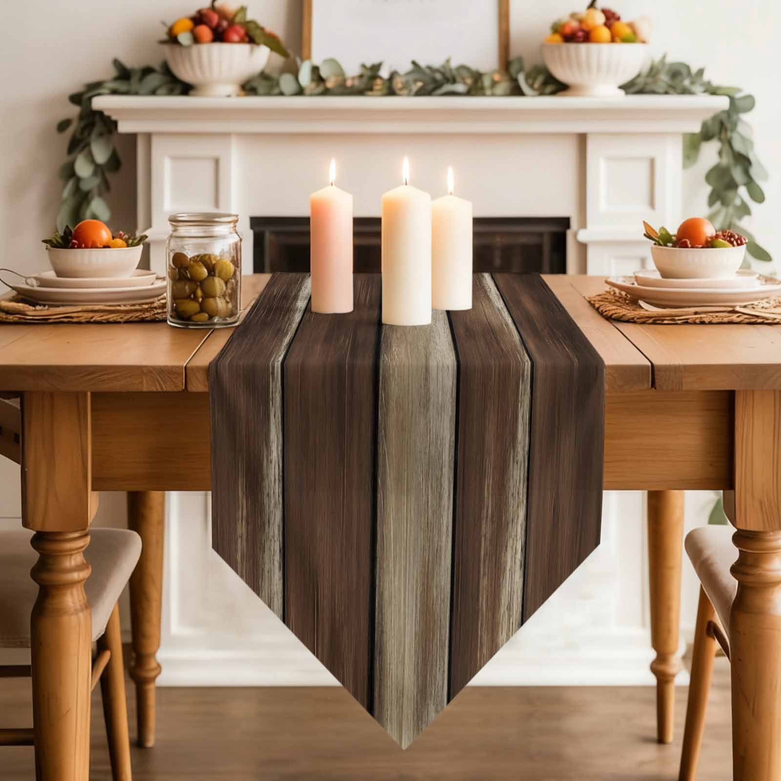 Table Runners 72 Inches Long, Brown Wooden Cotton Linen Kitchen Dining Coffee Table Runner for Party Home Decor, Vintage Farmhouse Retro Art Tabletop Dresser Scarves Runner Decor 13x72 Inch