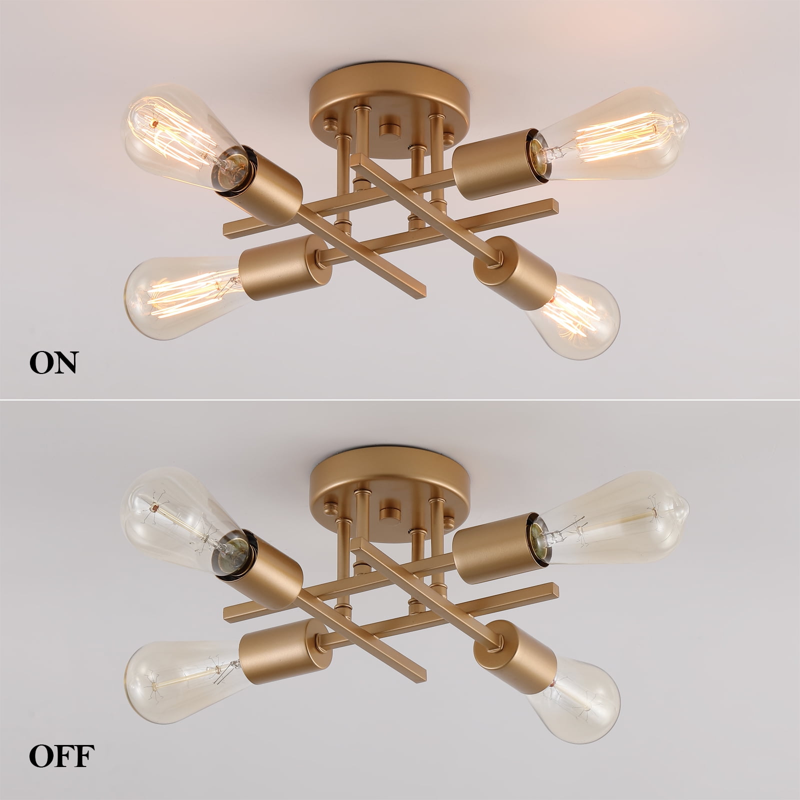 Q&S,Gold Finish,Sputnik Chandelier 4-Light Ceiling Light Semi Flush Mount for Bedroom Living Room