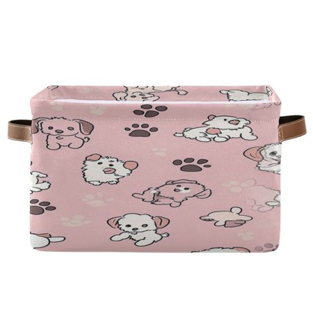 Pink Cartoon Puppy Pattern Foldable Storage Basket Canvas Fabric Foldable Storage Bins with Handles Open Home Storage Bins Boxes for Toy Book Shelf Closet Baskets