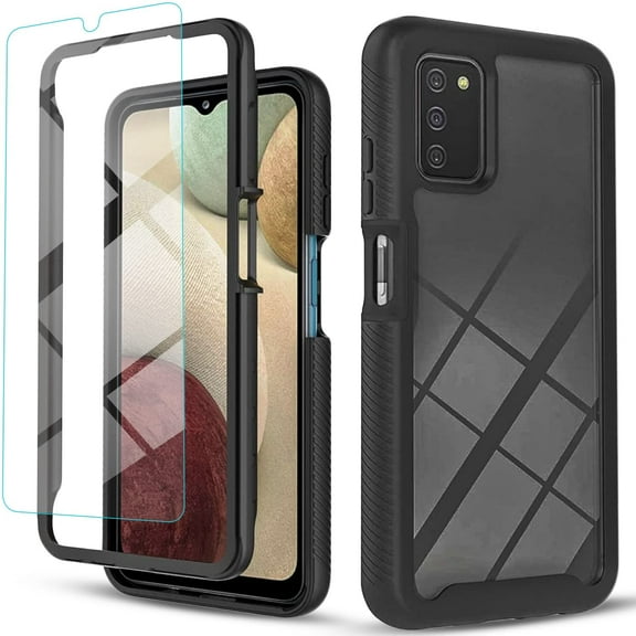 Circlemalls Case for Samsung Galaxy A03S, Glass Screen Protector, 12 Feet Drop Test Shockproof Transparent Cover-Black
