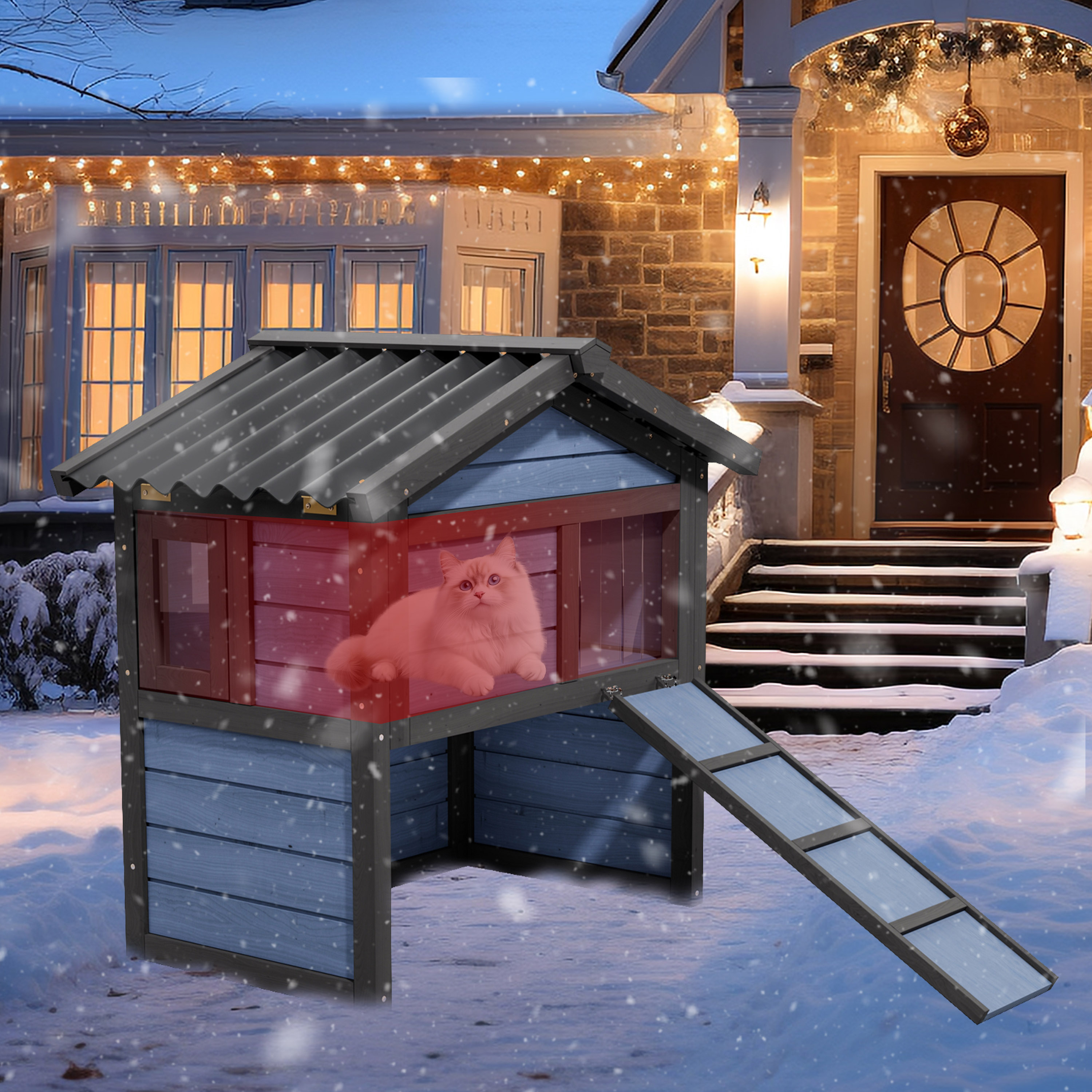 Insulate Cat House with Escape Doors,Outdoor Cat Shelter for Winter,All Weather 2 Story Cat House for Multiple Cat with Openable Roof,Blue